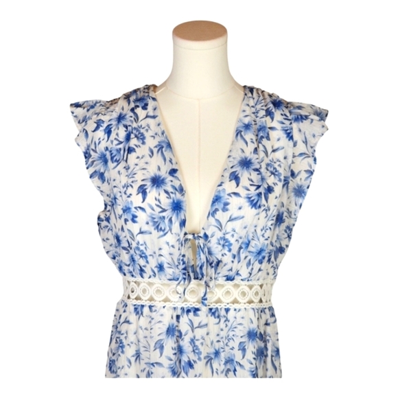 Lulus Make Things Shine White Blue Floral Midi Lightweight Flowy Dress L - Picture 4 of 16